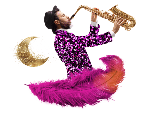 Saxofonspieler in einer glitzernden Jacke als Collage mit einer Feder und einem Mond