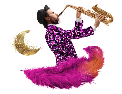 Saxofonspieler in einer glitzernden Jacke als Collage mit einer Feder und einem Mond