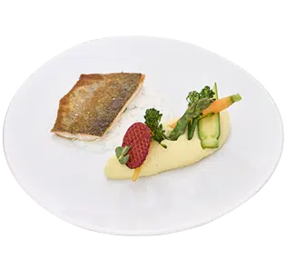 Hullis Menü, Fisch Hauptgang, Stück Fisch mit Kartoffelpüree und Sauce