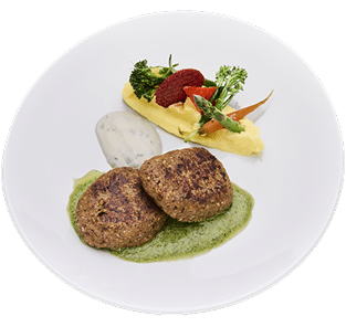 Hullis Menü, veganer Hauptgang, Pattys mit Sauce und Kartoffelpüree