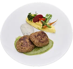 Hullis Menü, veganer Hauptgang, Pattys mit Sauce und Kartoffelpüree